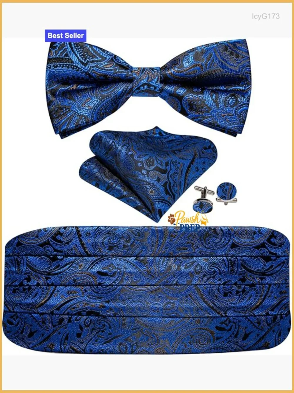 Men's Silk Cummerbund Bowtie Pocket Square Cufflink Set Formal Wear